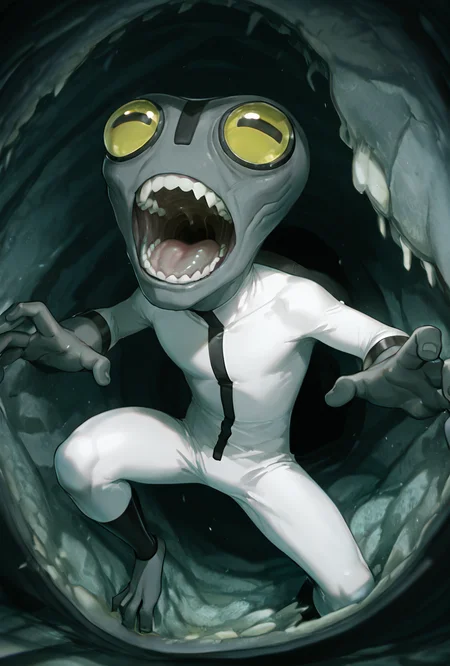 <lora:greymatter-09:1> greymatter, solo, 1boy, white bodysuit, grey skin, , small body, big hands, , sharp teeth, big yellow eyes, big head, dynamic pose, <lora:WSSKX_WAI:1>, inside monster mouth, being crushed, teeth, inside mouth, uvula, masterpiece, best quality, amazing quality, very aesthetic, absurdres, newest,