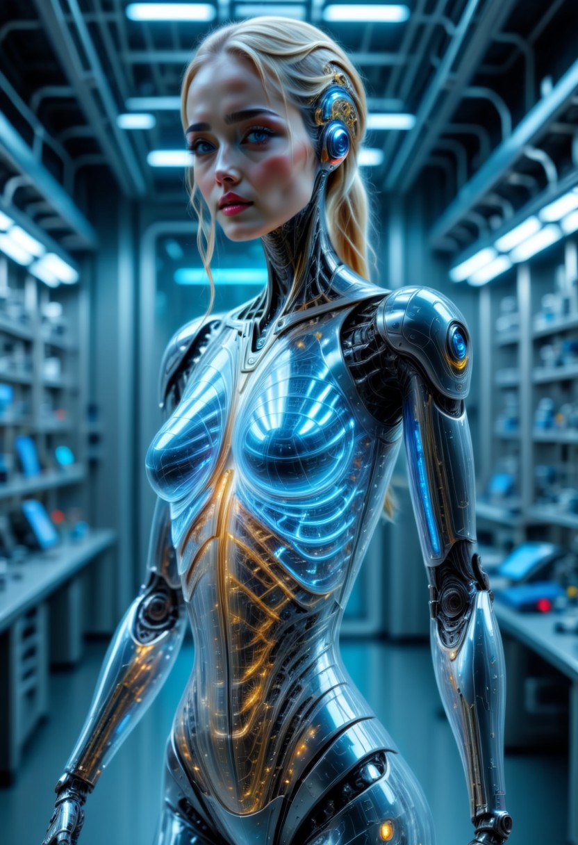 BODY SHOT, extremely detailed, 8k, (BEAUTIFUL BLONDE FEMALE ANDROID:1.3),  BLUE EYES, IN A HIGH TECH FUTURISTIC LABORATORY, LEDS, BIOMECHANICAL BODY PARTS, (TRANSPARENT ULTRA DETAILED BODY shell:1.5) SHOWING blue and gold CIRCUITRY shining bright INSIDE THE BODY, Detailed hand, (DYNAMIC POSES :1.5), perfecteyes
