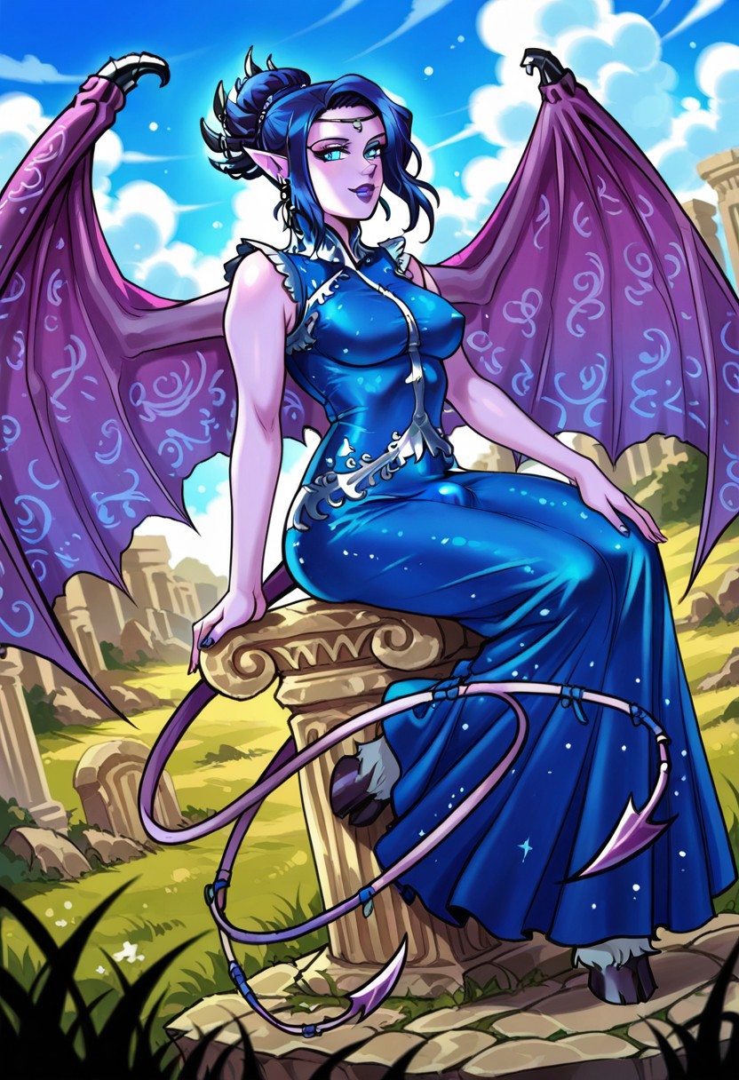 NocticulaTRQ, 1girl, solo, colored skin, purple skin, short hair, blue hair, horns, hair bun, bangs, blue eyes, nose, purple lips, pointy ears, earrings, long blue dress, dress ornament, cutout dress, large breast, sleeveless dress, demon wings, demon tails, hooves,
,seductive pose, sexy pose, tease, 
masterpiece, best quality, fine details, intricate details, depth of field, subsurface scattering, bokeh,
 ultra-detailed, very aesthetic, detailed background, newest, scenery, highres, absurdres, colorful, vibrant, glowing, perfect face, 2d, perfect eyes,  vibrant saturated colors, volumetric lighting, sharp, detailed eyes, perfect anatomy,  perfect face, perfect eyes, mature body, clear eyes, beautiful eyes, athletic, curvy body, athletic girl, perky tits, perfect tits, round breasts, pinup pose, teasing, lustful expression, perfect hands, 
muscular female, dutch angle, 
, floating hair, floating clothes, outdoors, sitting, stone, ruins, blue sky, cloud, grass, futanari, bulge, 
,Smooth Negative, uncensored,
90s_anime_aesthetic, 1990s (style), retro, retro artstyle,dark_fantasy_style, dark fantasy, retro,