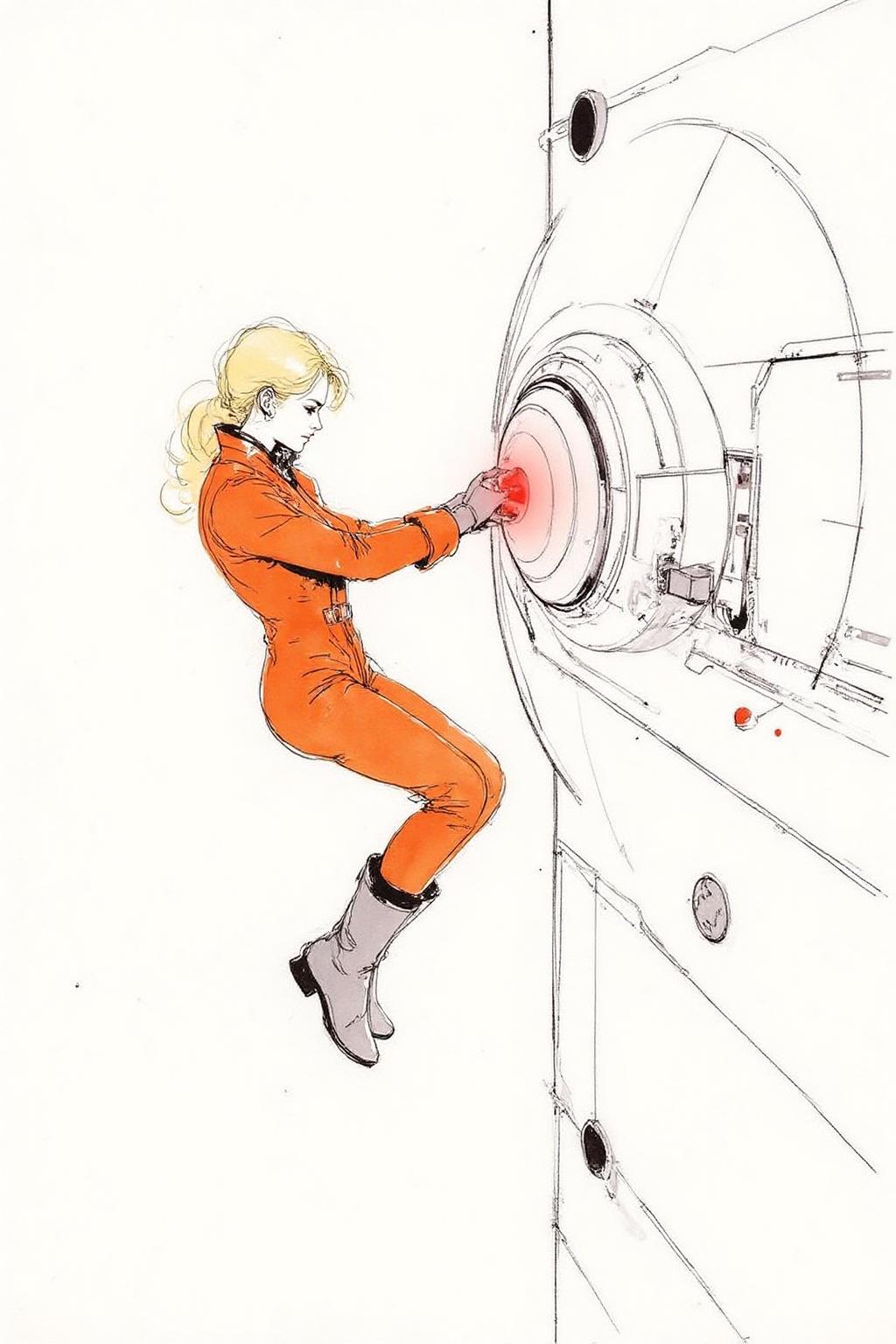 nijiwc1 watercolor ink wash brush style illustration. 
Overhead sideview of a blonde woman dressed in a orange spacesuit and heavy boots, is carefully re-enacting the iconic scene from 2001: A Space Odyssey where David Bowman deactivates HAL 9000. Floating weightless on one side of a vast empty spacecraft, she methodically removes the components of the HAL 9000 interface, one piece at a time. The setting is tense and sterile, with bright lighting reflecting off the white sterile surfaces, capturing the eerie, unsettling atmosphere of the original scene. The red glow of HAL's eye slowly fades as the scene unfolds, highlighting the dramatic tension between human and machine 
The background is stark white <lora:inkwash_niji_nocap_d6a3:1.0><lora:806954111011535524:0>