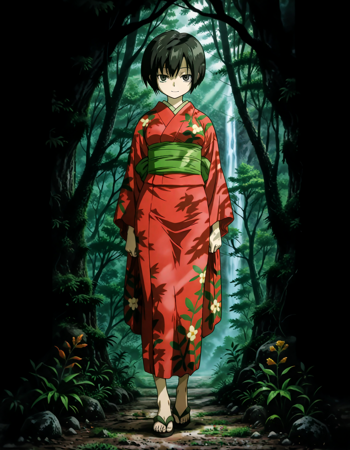 (1girl, solo:1.3), (2girls, 3girls, 4girls, multiple girls, 2boys, 3boys, 4boys, multiple boys:-1.5) <lora:Ioroi_Renzu_Mushi-shi_Illustrious:0.9>, ioroi_renzu, medium breasts, grey eyes, green eyes, black hair, short hair, bob cut, bangs, hair between eyes, japanese clothes, kimono, red kimono, obi, green obi, sandals smile, (tongue out:0.7), open eyes, general, contrapposto, dynamic pose, pointing at viewer, portrait, straight-on, pov, dutch angle, outdoors, forest, japanese forest, japanese shrine, (torii:-1.0), ancient forest, dense foliage, mossy trees, mist, eerie silence, no people, overgrown, primeval, twilight lighting, mystical, waterfall, A vast, untouched forest frozen in time, where ancient, towering trees with thick, moss-covered trunks rise from a ground layered with centuries of decaying leaves and soft green undergrowth. Twisted roots snake across damp soil, and the air hangs heavy with mist and silence. Shafts of pale light struggle to pierce the dense canopy, casting a faint glow on the shadowy floor below. Ferns and strange fungi thrive in the perpetual twilight, and no sign of human presence disturbs the eerie stillness. The atmosphere feels sacred, as if the forest itself is watching. A green forest with tall trees and dense foliage, an abstract depiction of a tranquil forest scene, where the towering trees create a serene, mystical atmosphere. The forest floor is covered with rich greenery, and the soft natural light filters gently through the leaves, subtly illuminating the scene without overpowering the natural beauty of the surroundings. (close-up, face focus:1.2), midday, fog, , perspective, evening, (from below:1.2), from side, (light leaks, light rays:1.1), <lora:NOOB_EPSv1_1_detailer_by_vlnvk_v1_0:1.5>, (photo background:0.7), day, (tachibana yuu:0.6), inue shinsuke, (kazuma muramasa:0.0), saikawa yusa, (aoi manabu:0.6), abarerumidori, (suzui narumi:0.6), masterpiece, newest, absurdres, 8K, anime screenshot, anime coloring, flat color, official art, film grain, <lora:illustriousXLv01_stabilizer_v1.185c:0.7>, <lora:LECO_Solo:-4.0>,