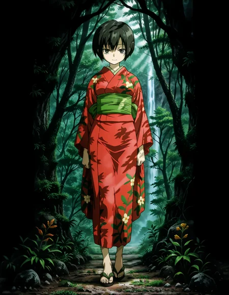 (1girl, solo:1.3), (2girls, 3girls, 4girls, multiple girls, 2boys, 3boys, 4boys, multiple boys:-1.5) <lora:Ioroi_Renzu_Mushi-shi_Illustrious:0.9>, ioroi_renzu, medium breasts, grey eyes, green eyes, black hair, short hair, bob cut, bangs, hair between eyes, japanese clothes, kimono, red kimono, obi, green obi, sandals smile, (tongue out:0.7), open eyes, general, contrapposto, dynamic pose, pointing at viewer, portrait, straight-on, pov, dutch angle, outdoors, forest, japanese forest, japanese shrine, (torii:-1.0), ancient forest, dense foliage, mossy trees, mist, eerie silence, no people, overgrown, primeval, twilight lighting, mystical, waterfall, A vast, untouched forest frozen in time, where ancient, towering trees with thick, moss-covered trunks rise from a ground layered with centuries of decaying leaves and soft green undergrowth. Twisted roots snake across damp soil, and the air hangs heavy with mist and silence. Shafts of pale light struggle to pierce the dense canopy, casting a faint glow on the shadowy floor below. Ferns and strange fungi thrive in the perpetual twilight, and no sign of human presence disturbs the eerie stillness. The atmosphere feels sacred, as if the forest itself is watching. A green forest with tall trees and dense foliage, an abstract depiction of a tranquil forest scene, where the towering trees create a serene, mystical atmosphere. The forest floor is covered with rich greenery, and the soft natural light filters gently through the leaves, subtly illuminating the scene without overpowering the natural beauty of the surroundings. (close-up, face focus:1.2), midday, fog, , perspective, evening, (from below:1.2), from side, (light leaks, light rays:1.1), <lora:NOOB_EPSv1_1_detailer_by_vlnvk_v1_0:1.5>, (photo background:0.7), day, (tachibana yuu:0.6), inue shinsuke, (kazuma muramasa:0.0), saikawa yusa, (aoi manabu:0.6), abarerumidori, (suzui narumi:0.6), masterpiece, newest, absurdres, 8K, anime screenshot, anime coloring, flat color, official art, film grain, <lora:illustriousXLv01_stabilizer_v1.185c:0.7>, <lora:LECO_Solo:-4.0>,