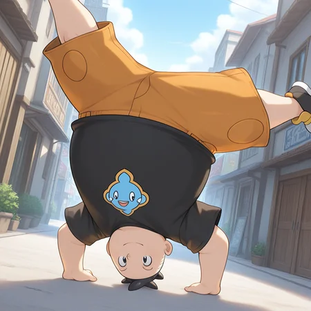masterpiece, best quality, amazing quality, colorful, vibrant, very aesthetic, detailed background, outdoors, <lora:tierno-v1-09:1> p-benigno, 1boy, young, chubby, handstand, breakdance, face shot, close-up, black t-shirt, print t-shirt, orange shorts, light smile, dynamic pose, dynamic angle, one arm handstand, general, sfw