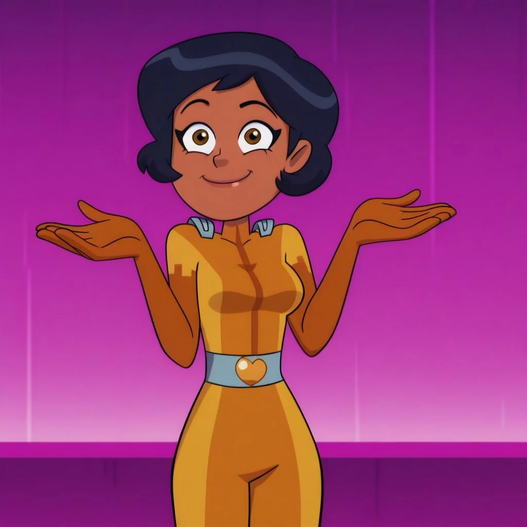masterpiece, best quality, good quality, 1girl, solo, cartoon, totally_spies_2k24, alex, black hair, brown eyes, dark-skinned female, yellow bodysuit, sexy, medium breasts, beautiful, detailed, high detailed, very beautiful, detailed face, detailed eyes, detailed hand, abstract background, neon, smile, posing, pose, looking at viewer, face focus, <lora:TheOwlHouse:0.8> tohstyle, extremely detailed, highres, masterpiece, best quality