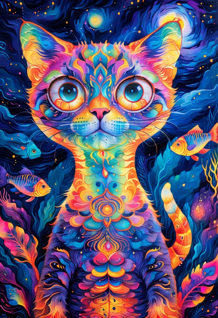 Radiant, big-eyed fluffy cat at night, fishes swim in the background, the cat is dreaming, abstract art by Anne Truitt, Synthetism, psychedelic colors, psychadelicchaos, psychadelic, sharp focus, highly intricate, full color, confident, intricate artistic color, handsome