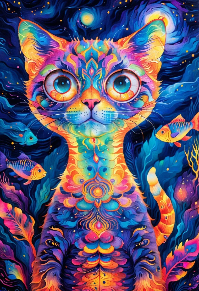Radiant, big-eyed fluffy cat at night, fishes swim in the background, the cat is dreaming, abstract art by Anne Truitt, Synthetism, psychedelic colors, psychadelicchaos, psychadelic, sharp focus, highly intricate, full color, confident, intricate artistic color, handsome