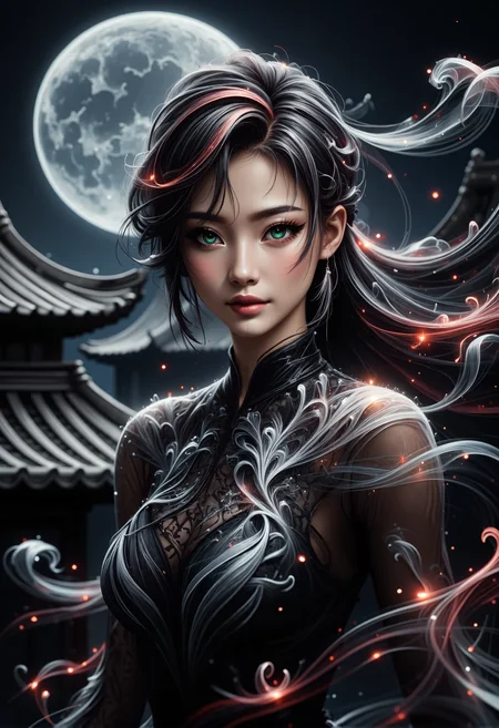 mad-wsps, xslx scribble, detailmaximizer. A medium close-up of a stunning young Asian woman, captured from her shoulders up as she gracefully dances under the full moon. Her delicate, smoky makeup enhances her deep green eyes, giving them an otherworldly glow, while the moonlight accentuates the red shimmer in her deep black hair. Her hair is styled in a traditional Chinese manner, with part of it pinned up and the rest flowing freely. The ornate details of her black dress, adorned with subtle white embroidery along the collar and sleeves, are visible. Behind her, the decorative eaves of the palace rooftop are highlighted by the soft moonlight, adding to the spiritual and mystical atmosphere., <lora:RealisticAnimeFlux_v2.safetensors:1.0:1.0> <lora:Wisps_of_Light_FLUX.safetensors:0.8:0.8> <lora:scribble-flux-v1.safetensors:1.0:1.0> <lora:aidmaImageUpgrader-FLUX-V0.1.safetensors:0.5:0.5>