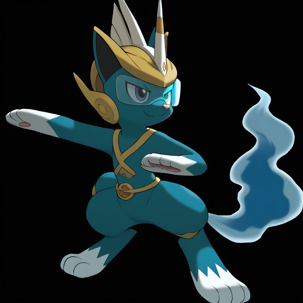 <lora:pokemon_pony_xl:1.0>, haracter, fake pokemon, ken sugimori art style, resembles a dominant battlecat fantasy creature that has a light blue, feline-like body with a long, curling tail. It has large, expressive eyes and a playful expression. On its head, it wears a helmet with a transparent visor and gold accents. Two plumes of white, ethereal smoke rise from the helmet, giving the impression of a mystical power source., score_9, score_8_up, (Masterpiece:1.3) (best quality:1.2) (high quality:1.1)