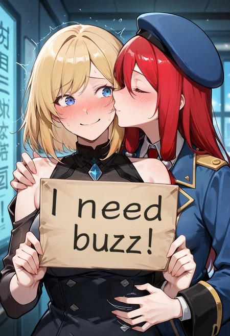 masterpiece, best quality, amazing quality, very aesthetic, absurdres, newest, detailed background, 2girls, kissing cheek, embarrassed, hand on another's shoulder, holding sign, "Need buzz", <lora:NeedBuzz_sign_Illustrious:1>, tickling sides, tickling belly, 
<lora:Olivia:0.8>, oliviambsk, blonde hair, medium hair, bangs, swept bangs, blue eyes, breasts, official art, embarrassed, smile, hand on shoulder, holding sign, "Need buzz", tickling, 
 tsubaki yayoi, red hair, blue eyes, long hair, noel vermillion, military uniform, beret, red ribbon, kissing cheek, holding sign, "Need buzz", tickling sides, tickling belly, hands on another