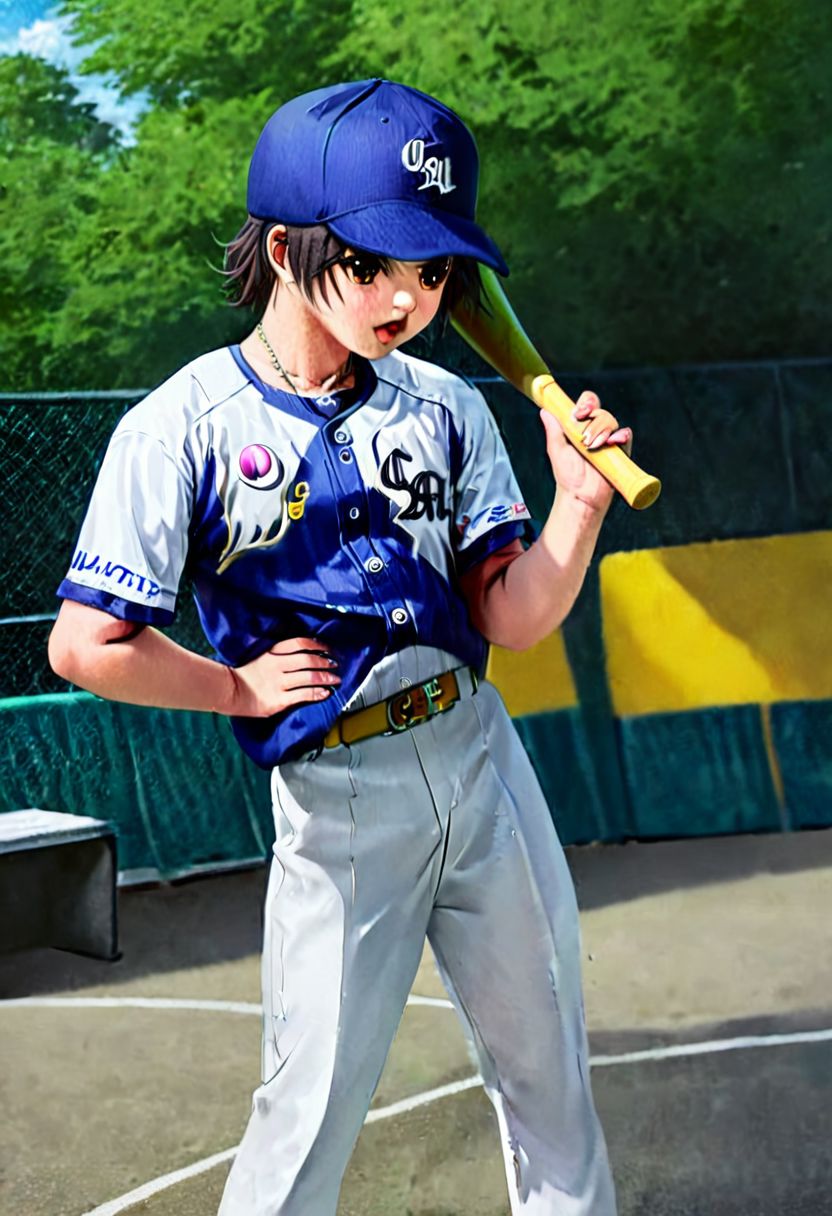 <lora:The Mask - SDXL
0>,smooth top of head,boy,solo,hands on hip, <lora:bulge:1.2>,holding bat in hand
,exercising in the park,so cute ,so sweet,realistic painting,clm, baseball uniform,