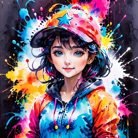 a cute girl composed of colorful splashing ink,
bangs,headphones,blue eyes,black hair,(disheveled hair),Baseball cap,(jacket|hoodie),jeans,thigh strap,hands in pocket,cowboy shot,
ink splashing,<lora:ink_splashing:0.75>,
