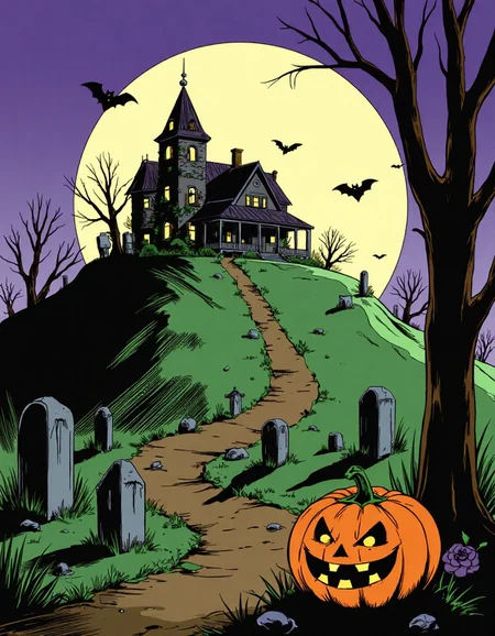 Cartoon_Style_Final, This image is a digital drawing in a style reminiscent of classic American comic books from the mid-20th century. The focus is on a spooky, dilapidated mansion sitting atop a hill, silhouetted against a massive full moon. The house is dark, with broken windows and overgrown vines creeping up its sides. In the foreground, a winding path leads through a misty graveyard, with crooked tombstones and skeletal trees casting long, eerie shadows. A single jack-o’-lantern with a sinister grin glows dimly at the base of the hill. The sky is a deep purple, and bats fly across the moonlit sky. The style features bold outlines and flat, contrasting colors, emphasizing the haunted, creepy atmosphere of Halloween night.