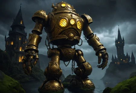 giant bipedal robot brass and mustard yellow
striped paint, bronze paisley robot. lacy robot metal. diving helmet torso head. outside of a steampunk keep. large detailed torso. dark image. one forty foot tall ancient robot with great arms and two heavy spring legs. dark foggy night background. $dark foggy night image only. dark photo realistic image. steampunk details. cogs, chains and pipes incorporated in the fantasy buildings. magic wizards tower in background. Dark swamp, moss, castle ruins, wizards tower. stormy dark night. stormy sky. rain. bowl head.