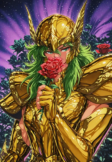 safe_pos, masterpiece, best quality, amazing quality, very aesthetic, absurdres, newest, FMIXF, hatching (texture), vibrant details, fluffy fur, dark_fantasy_style, dark fantasy, retro, ANDROMESHUN, SHUNPLAIN, pisces armor, gold armor, helmet, 1boy, slender figure, long wavy green hair, upper body, rose, holding rose, ((rose garden background)), depth of field, smile, parted eyes