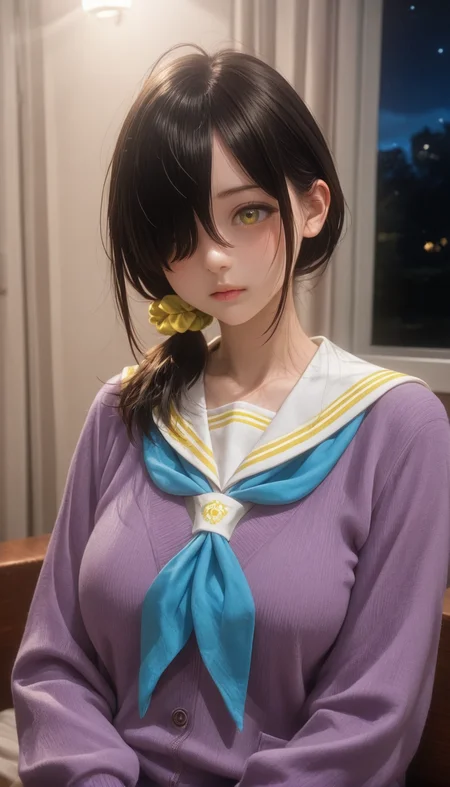 <lora:LCMTurboMix_Euler_A_fix:1> <lora:example_SDXL:0.3>, EZRealPONYXL, <lora:Dramatic Lighting Slider:3> <lora:realistic filter [IL]:1>
DSLR,realistic,cosplay photo, (very awa,masterpiece,best quality,year 2024,newest,absurdres,highres:1), realistic,skin texture,facial features, photography shot with Canon EOS 5D Mark IV , realistic, RAW, best quality, masterpiece, amazing quality, skin details,
highly detailed beautiful face, large natural breasts,
detailed background, shiny skin, dutch angle, night, moonlight,
beautiful detailed eyes, intricate details, absurdres,
artist: onono imoko, artist: taesi,
newest, masterpiece, best quality, 4k,ultra detail, 
indoors, very aesthetic, detailed background, face focus, 
1girl, solo,  <lora:Kotono Shiunji:1> k0tono, black hair, long hair, hair over one eye, yellow eyes, hair scrunchie, blush,school uniform, serafuku, white sailor collar,purple sweater, blue neckerchief,