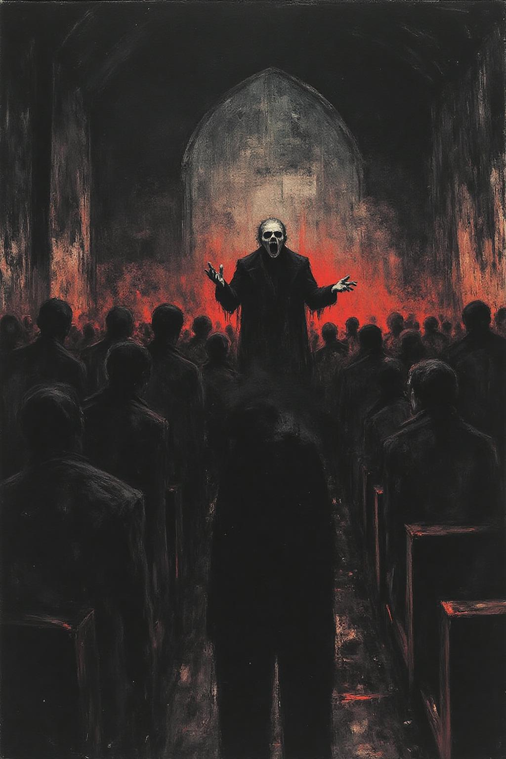 apoca1 illustration. an angry preacher giving a sermon inside a dark chuch <lora:apocalypse_now4_nocap_d4a2:1.0><lora:803188107592689757:0>