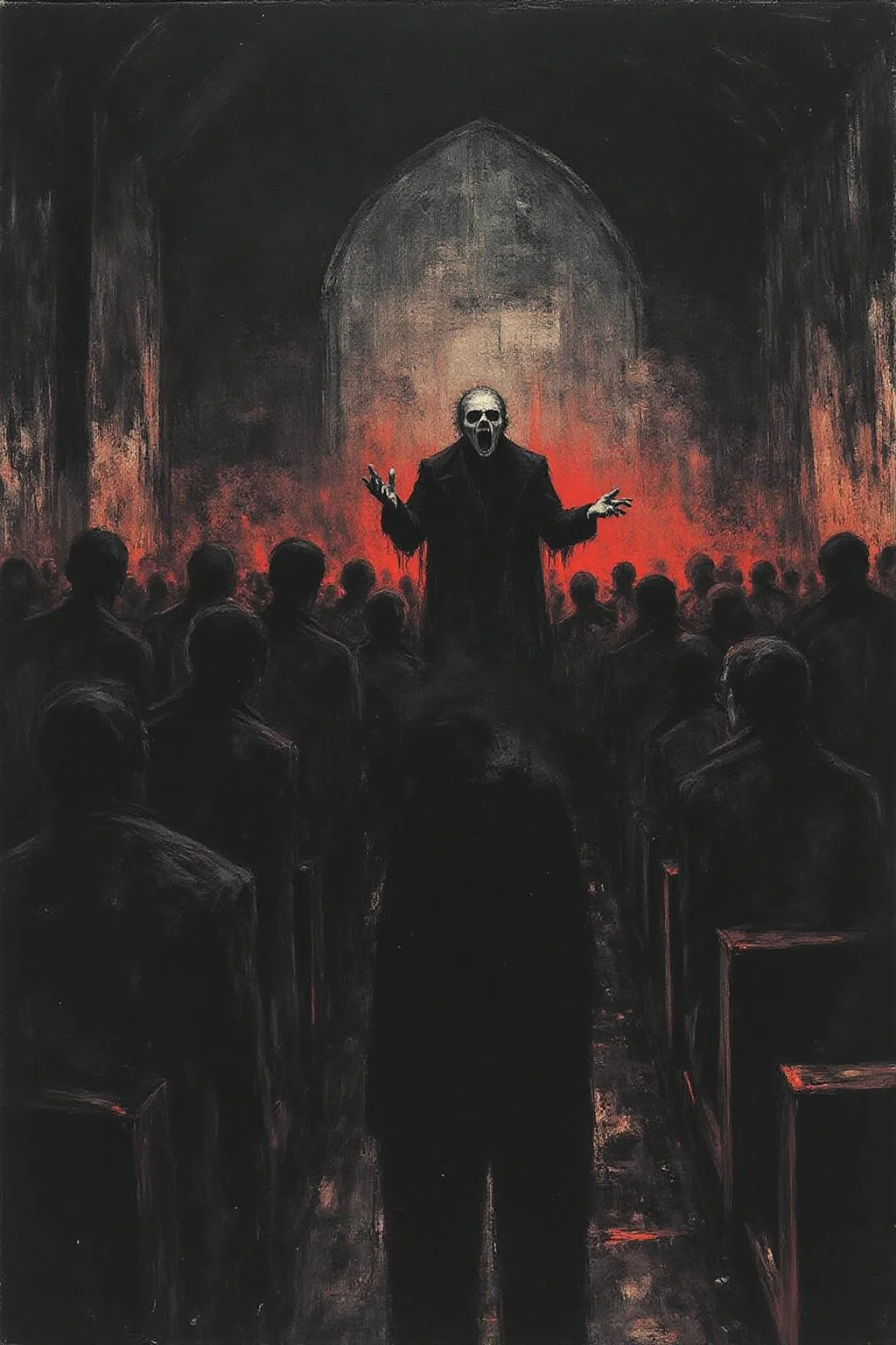 apoca1 illustration. an angry preacher giving a sermon inside a dark chuch <lora:apocalypse_now4_nocap_d4a2:1.0><lora:803188107592689757:0>