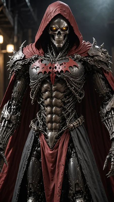 masterpiece, best quality, high resolution, perfect lighting, extremely detailed, (Terminator assasin), battle scared white and black carbon armor, Wearing a dark cloak with hood, skull face just visable under hood, full_armor, humanoid, Metal Human skull head, at night, (extreme detailed micro mechcanical scary Metal human skull design). Samurai sword shinning silver, Runes decorative embossments over his cloak, slim muscular body fast agile and stealthy,  Hiding in the shadows of a backstreet, UHD <lora:Cinematic_Robot_Cyborg:0.6>, CYBORG Red
