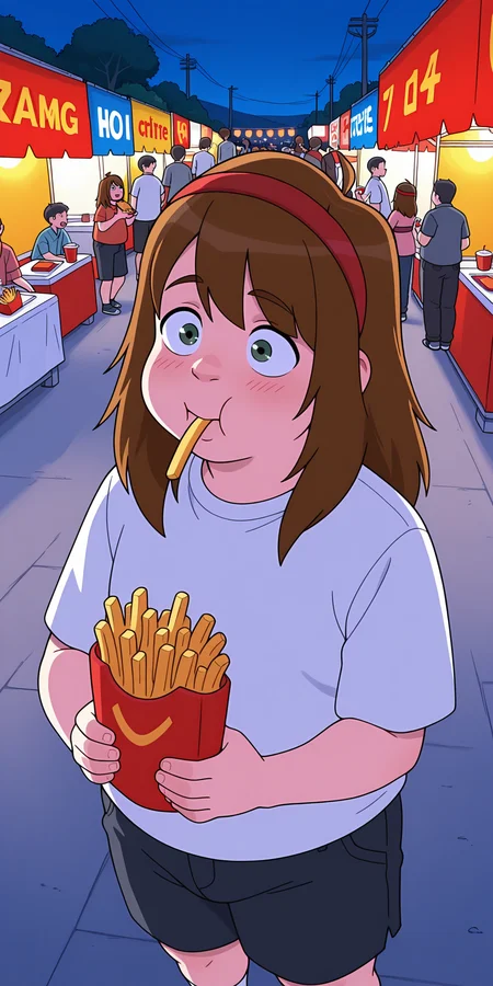 masterpiece, vibrant, very aesthetic, amazing_quality, best quality, <lora:chainsaw-10:1> hoi-chainsaw, 1boy, male focus, (aged_down:0.5), plump, red hairband, festival, perspective, holding french fries, eating,