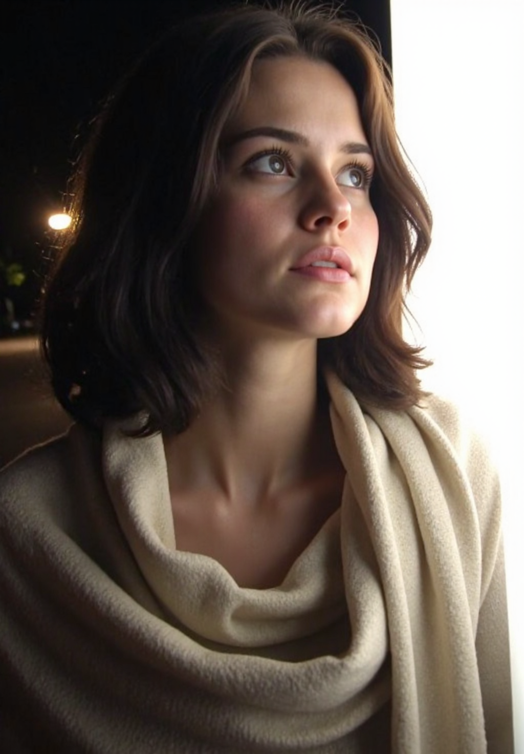 d1g1cam, Woman in early 30s, fair-skinned, slim build, shoulder-length wavy brown hair, wearing a light flowing scarf wrapped around her head and neck, delicate facial features, gazing upwards with serene expression, soft glowing highlights on cheekbones and nose, outdoor nighttime setting, surrounded by diffused ambient light, bright ethereal white light source in background, slight halo effect around edges, eyes subtly reflective, high-key lighting emphasizing contours, contrast between illuminated face and darker background, soft cinematic glow enveloping subject, slightly desaturated tones enhancing classic aesthetic, realistic filmic portrait, diffused glowing light style, sharp focus on face, blurred dreamy background, high-quality photography