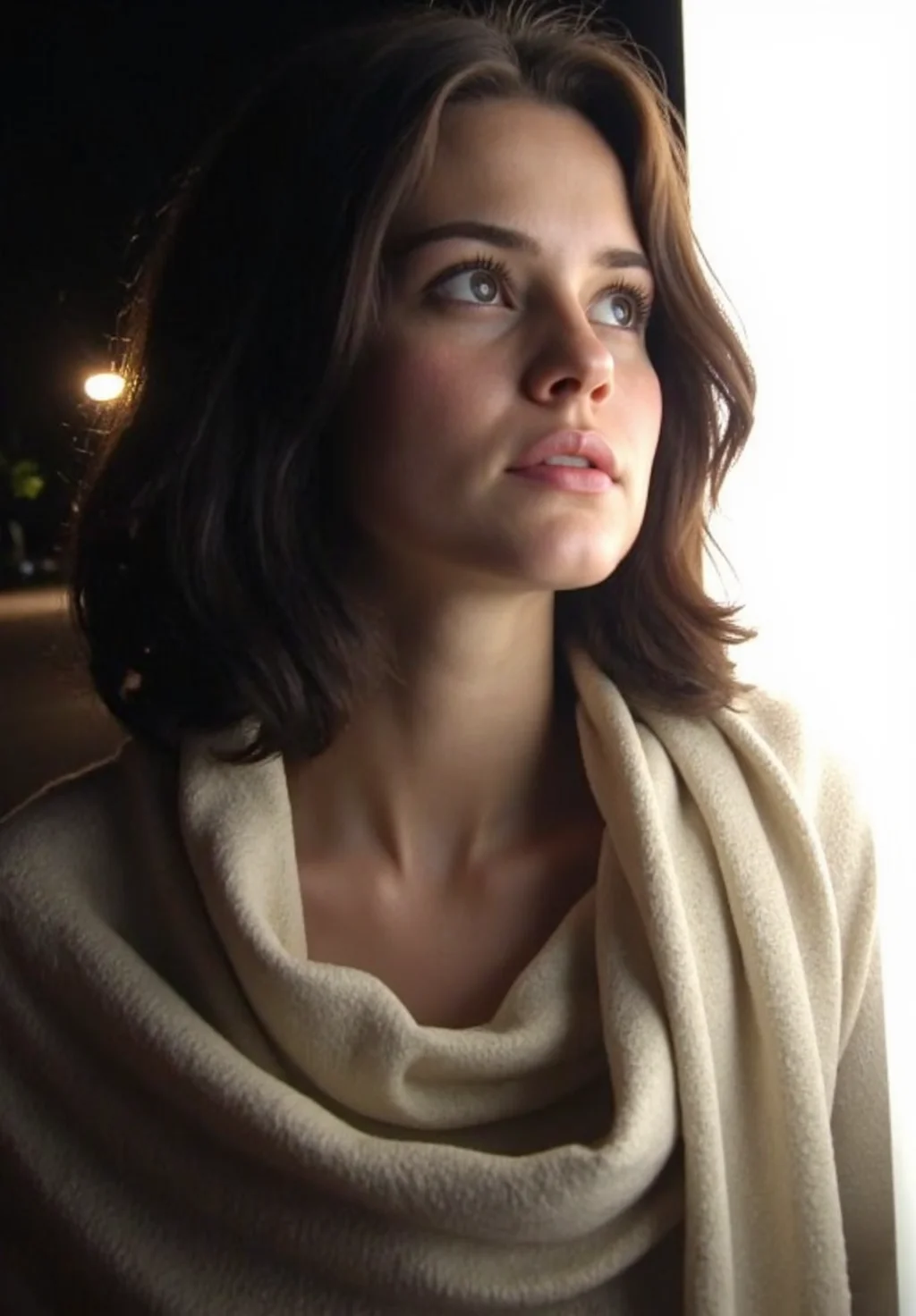 d1g1cam, Woman in early 30s, fair-skinned, slim build, shoulder-length wavy brown hair, wearing a light flowing scarf wrapped around her head and neck, delicate facial features, gazing upwards with serene expression, soft glowing highlights on cheekbones and nose, outdoor nighttime setting, surrounded by diffused ambient light, bright ethereal white light source in background, slight halo effect around edges, eyes subtly reflective, high-key lighting emphasizing contours, contrast between illuminated face and darker background, soft cinematic glow enveloping subject, slightly desaturated tones enhancing classic aesthetic, realistic filmic portrait, diffused glowing light style, sharp focus on face, blurred dreamy background, high-quality photography