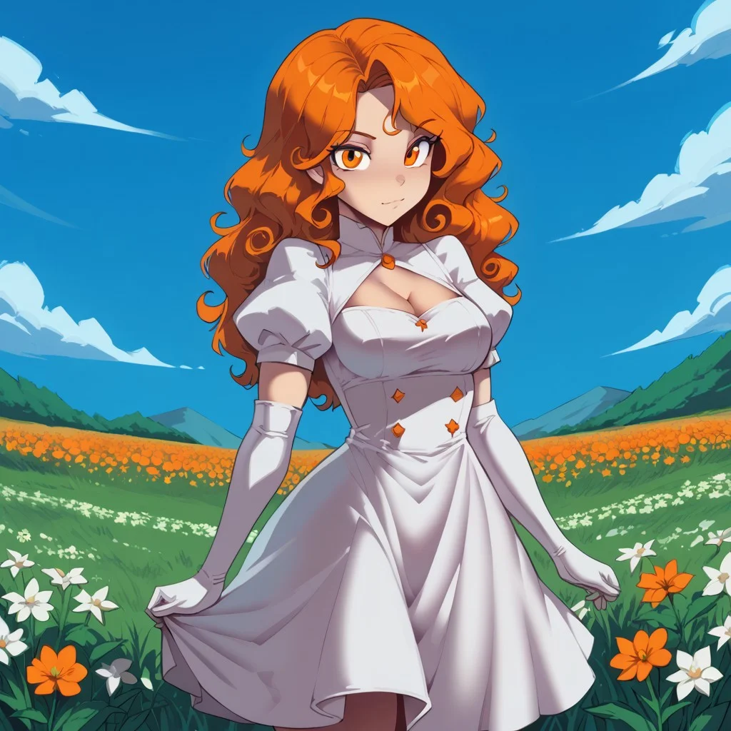 freerrystyle,
score_9, score_8_up, score_7_up, 1girl, solo, long hair, curly hair, wavy hair, orange hair, orange eyes, looking at viewer, breasts, dress, white dress, puffy sleeves, puffy short sleeves, short sleeves, gloves, elbow gloves, white gloves, cowboy shot, closed mouth, standing, outdoors, field, flower, grass, plant, sky