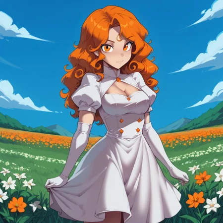 freerrystyle,
score_9, score_8_up, score_7_up, 1girl, solo, long hair, curly hair, wavy hair, orange hair, orange eyes, looking at viewer, breasts, dress, white dress, puffy sleeves, puffy short sleeves, short sleeves, gloves, elbow gloves, white gloves, cowboy shot, closed mouth, standing, outdoors, field, flower, grass, plant, sky