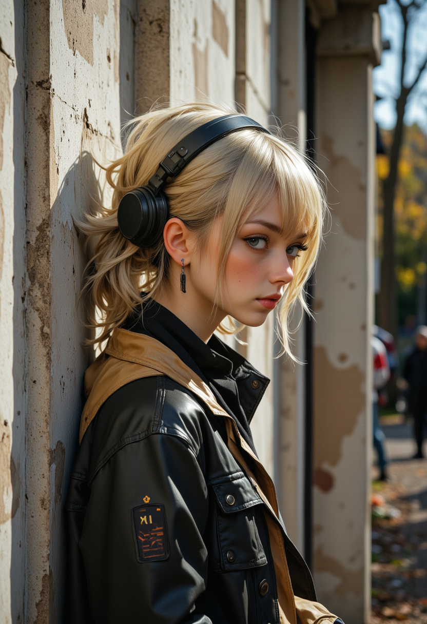 she is approximately 18 years old, she is smiling, profile headshots, dynamic angles,photoshoot poses, She has blonde hair, a photo of Gr@ce, a woman, wearing a black and tan jacket, with her hair in pigtails, outdoors, and headphones on her head, standing in front of a wall, in a painting style, with a sense of style. she is looking directly at the camera with a happy expression on her face.  The overall mood of the image is intense and dramatic,RAW candid cinema,16mm,color graded portra 400 film,remarkable color,ultra realistic,textured skin,remarkable detailed pupils,realistic dull skin noise,visible skin detail,skin fuzz,dry skin,shot with cinematic camera,detailed skin texture,(blush:0.2),(goosebumps:0.3),subsurface scattering,beautiful photograph in the style of Augustus John,Sergio Toppi,Virginia Frances Sterrett,8k HD,detailed skin texture,ultra realistic,textured skin,analog raw photo,cinematic grain,whimsical.perfection style,aidmareduxstyle, aidmafluxpro1.1, Niji style
