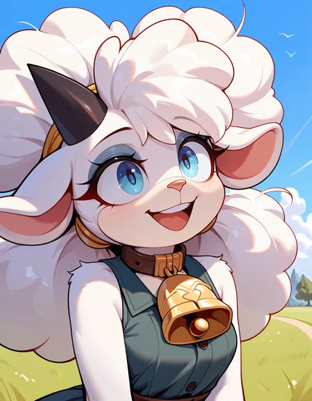 masterpiece, best quality, very aesthetic, absurdres,
outdoors, 
headshot, happy, 
<lora:Lanolin_v01_NAIXL:1>
Lan0l1n,1girl,solo,furry,furry female,sheep girl,white hair,long hair,sheep ears,black horns,blue eyes,eyeshadow,animal nose,neck bell,body fur,white fur,