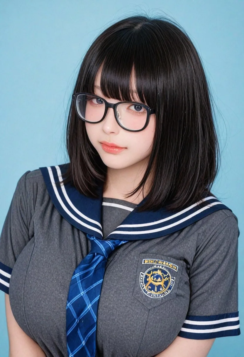 raytracing, very awa, high resolution, official art, realistic, masterpiece, best quality, (simple blue background), (Low brightness lighting), film grain, Film Still, realistic,photorealistic, super detailed skin, realistic skin, realistic human skin, Realistic skin tones, ((huge breasts)), Three-dimensional skin, kawaii girl, jiraikei face, (18-year-old), (Korea Cosplayers), (Taiwan Cosplayers), (Japanese Cosplayers),
BREAK
(ars almal:0.9) ,virtual youtuber, hololive, nijisanji.jp,
BREAK
Black hair, (Random black-rimmed glasses), (half-closed eyes:0.8),(Random nerdy girl),(Random school micro uniform),
BREAK