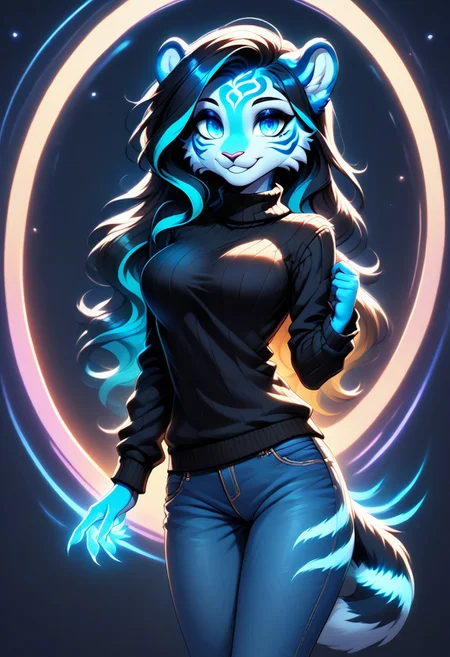 digital_media_(artwork) hi_res, score_9, score_8_up, score_7_up, score_6_up, score_5_up, score_4_up, rating_safe, beautiful, intricate, high quality details, highly detailed, anthro, furry, female, detailed textured fur, fur tufts, fluffy, slim, slender, cute, sweater, baggy denim jeans, detailed sexy eyes, coy smile, solo, SFW, tiger, long hair, multicolored hair, streaked hair, absurdres, highres, goth, heavy eyeliner, heavy eye shadow, breasts, gaming, glowing hair, glowing stripes,