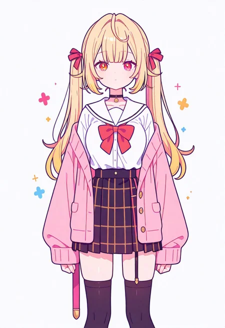 Flatline, Flat vector illustration, looking at viewer, full_body,
nijisara, large breasts, heterochromia, red eye, yellow eye, blonde hair, ltwintails, hair ribbon, long sleeves, red bow, pink cardigan, black thighhighs, plaid skirt, red ribbon, black choker, garter straps, school uniform,
beautiful breasts, slim, slender, fair skin, clear skin, beauty skin, smooth skin, shiny skin, beautiful legs, long legs,
from front, front view, straight-on, look at viewer, standing, (legs apart:1.4),
white background,