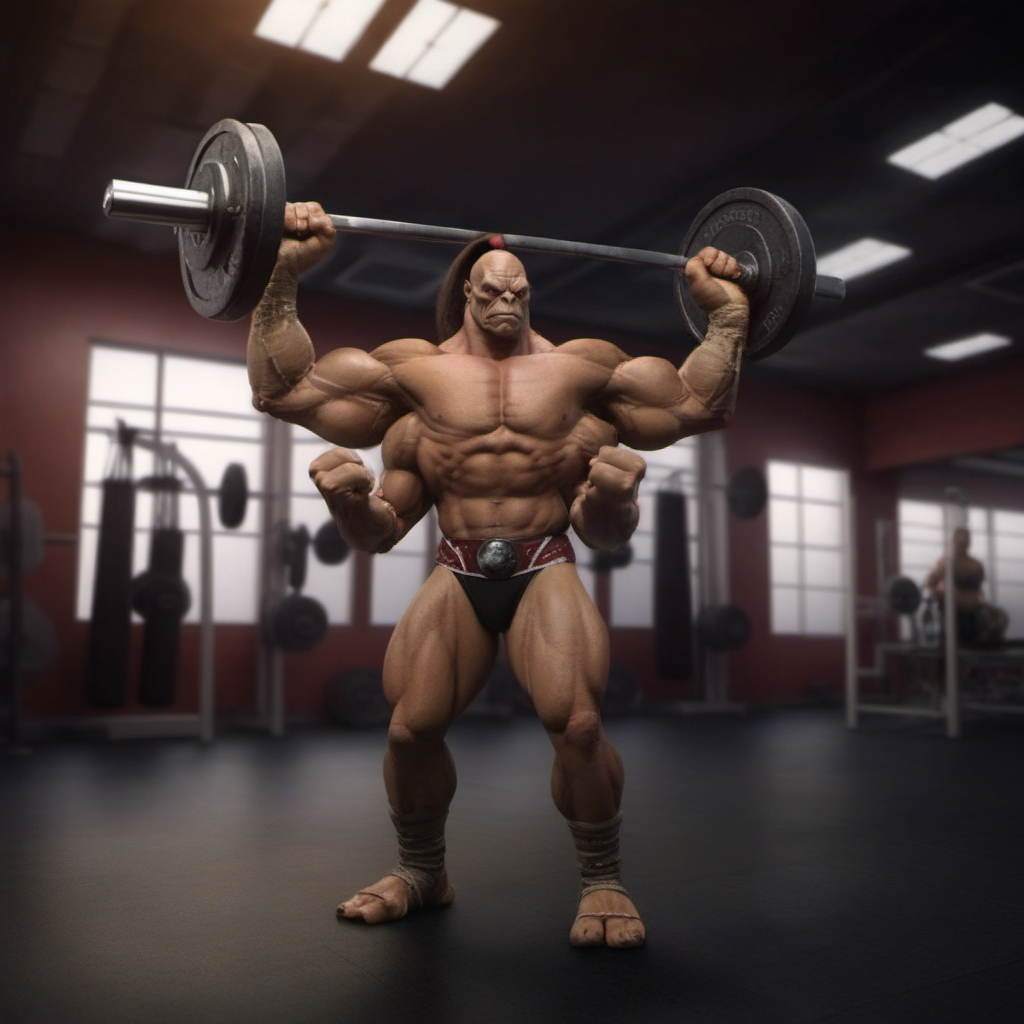 Goro1024, a muscular Four-armed man  in a gym weightlifting  <lora:Goro1024:0.85>
