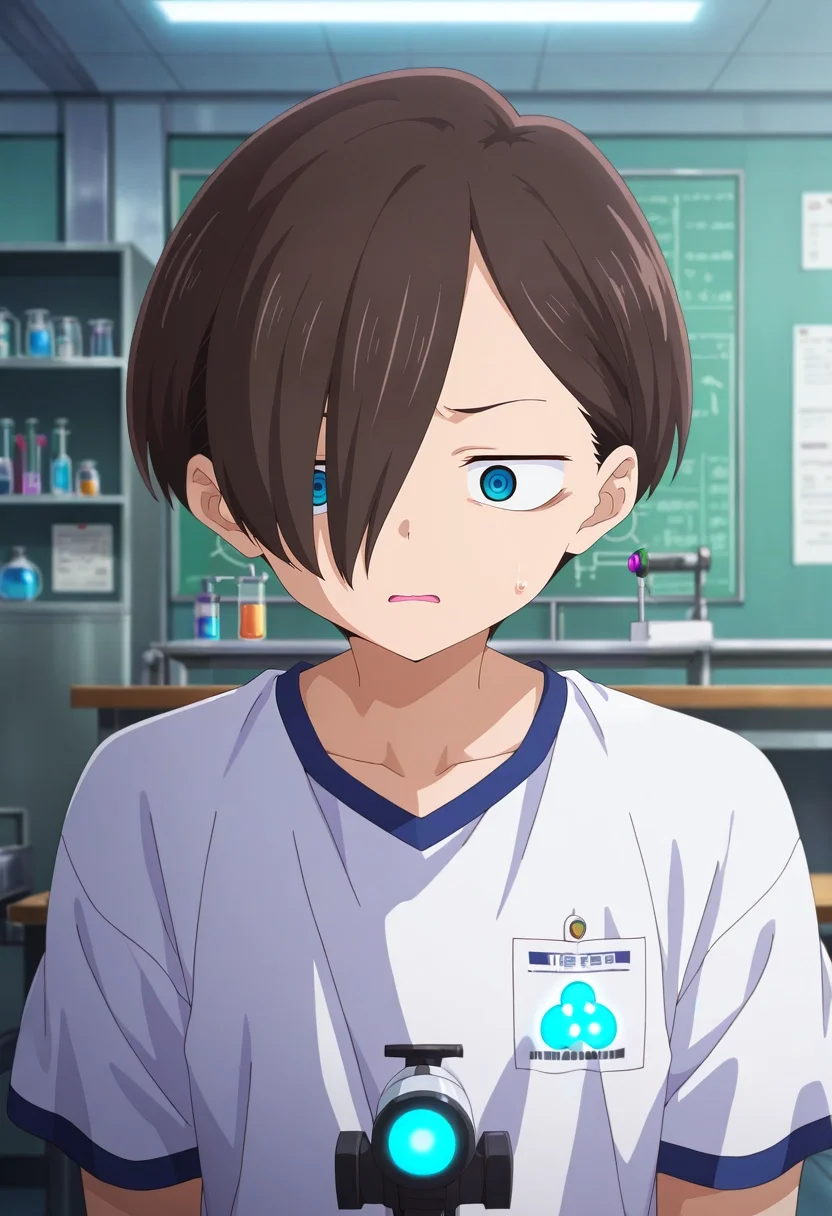 masterpiece, best quality, , anime screencap, anime coloring, official style, , 1boy, solo, male focus, <lora:kyoutarou_ichikawa_ilxl:0.94>, kyoutarou_ichikawa, brown hair, blue eyes, short hair, hair over one eye, bangs, science lab, bubbling beakers, glowing microscopes, organized benches, experimenting pose, focused expression, sterile light, fruits costume