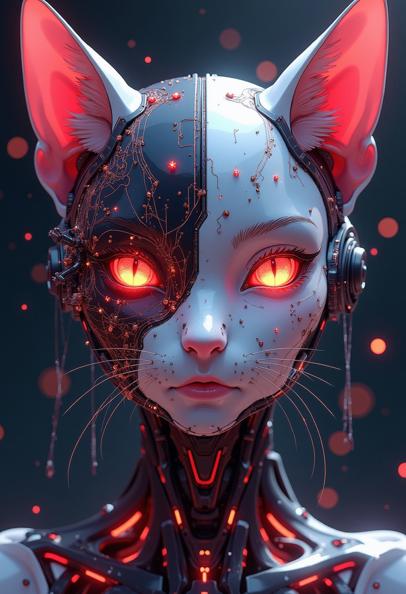 A digital anime artwork in the style of cklg, studio anime art, detailed ink sketch, high quality digital illustration. A striking frontal close-up of a cybernetic feline's face, captured at the moment of being reconstructed by a swarm of tiny, spider-like bots. Her features are partially formed, with smooth, metallic surfaces intertwining with glowing synthetic skin, exuding a radiant crimson and shiny silver glow. The bots are scattered across her face, their articulated legs weaving intricate patterns of circuits and nanofiber as they delicately shape her visage. One side of her face gleams with seamless perfection, while the other appears raw and incomplete, with luminous circuits and delicate filigree exposed. The background is a symphony of glowing holograms and light particles shifting into darkness. The image combines mechanical precision with haunting beauty, emphasizing the ethereal moment of transformation and creation.