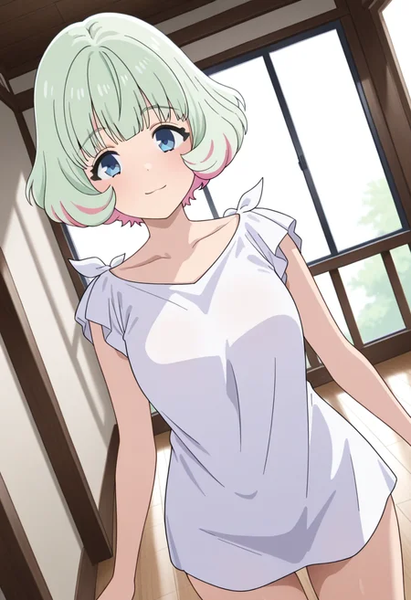masterpiece,best quality,absurdres,perfect lighting,wooden floor,window,
*//*,<lora:HealerGirl_HibikiMorishima-Illustrious:1>,hibiki_morishima,1girl,solo,green hair,short hair,colored inner hair,pink hair,blue eyes,bangs,hip length white shirt,short sleeves,sleeveless,collarbone,shoulder bow,bare arms,length
*//*,looking at viewer,cowboy shot,dutch angle,dynamic pose,light smile,