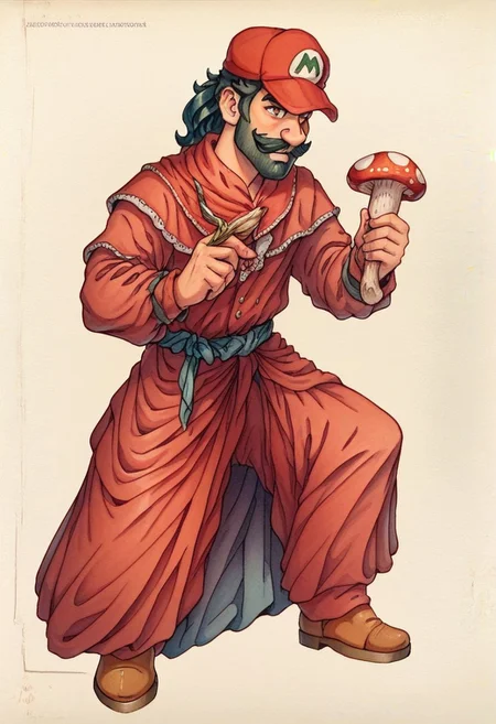 score_9, score_8_up, score_7_up, oblivionarts, mario the plumber, red hat, red outfit, thick mustache, dark hair, large nose, holding mushroom, simple background, traditional art, medieval aesthetic,