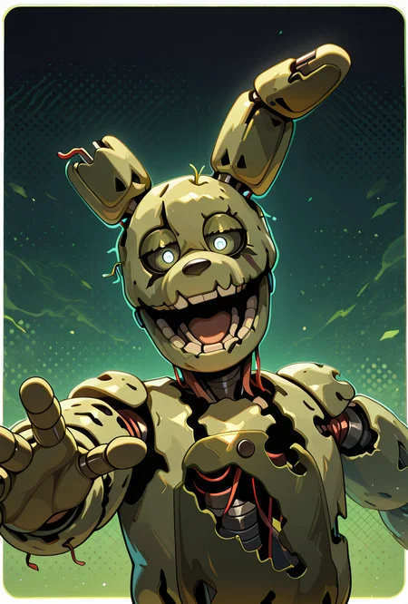<lora:springtrap-10:1> springtrap, no humans, robot, animal ears, teeth, damaged, mechanical parts, joints, looking at viewer, reaching out, circular head, round head, glowing white pupils, half closed eyes, dark green eyelids, open mouth,, masterpiece, best quality, amazing quality, very aesthetic, absurdres, newest,, upper body, halftone effect, white borders, abstract background:1.2,