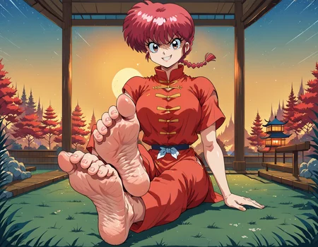 score_9, score_8_up, score_7_up, anime_source, BREAK,
masterpiece, best quality, 1girl, solo, <lora:ranma-saotome-leak-ponyxl-lora-nochekaiser:0.6> ranma saotome, ranma-chan, red hair, single braid, red chinese clothes, looking at viewer, smirk, parted lips, outdoors, dojo, on grass, garden, sunny day, sun, <lora:scrunched_toes_r1:0.8> scrunched_toes, wrinkled_soles, (((crossed_feet))), (((foreshortening))), barefoot, soles, <lora:g4n1m3XLP:0.7> g4n1m3