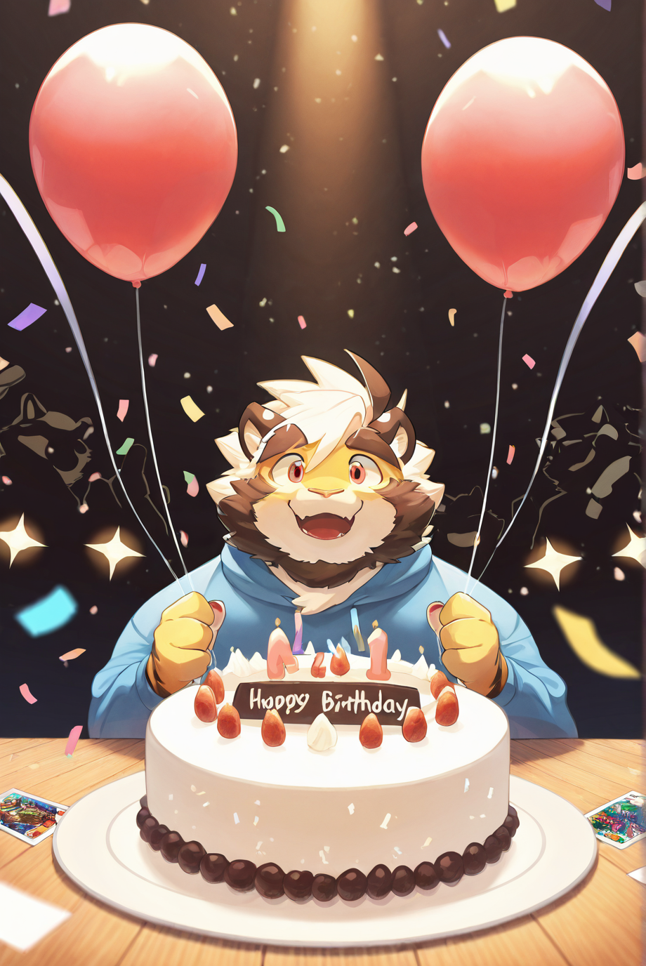 safe_pos, furry male, male focus, solo, thick eyebrows, multiple boys, group, furry, tiger, cute, portrait, wide angle view, white fur, glistening eyes, sitting, anthro, kemono, convention, birthday celebration, several tables of food, bright, vibrant, happiness, birthday cake, open space, smile, chaos energy, birthday decorations, casual clothing, holding balloon, , card games, ping pong, wooden floor, confetti in the background, indoor, mountain views, live action, warm lighting, soft light reflection, lively, exciting, shading BREAK very aesthetic, masterpiece, very impressive background, best quality, high quality, absurd res, high detail, smooth drawing,  <lora:Character_Trad_Mon-Mon_ILXL:1>