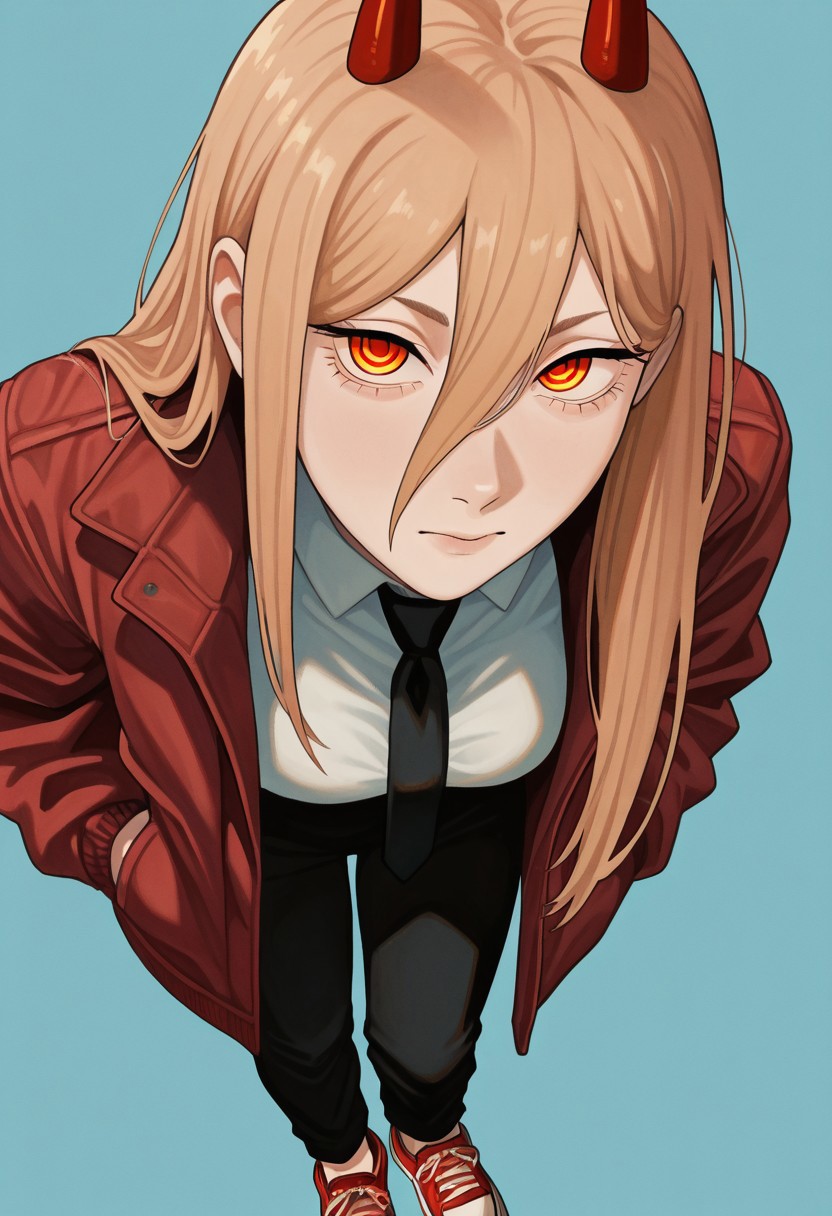 masterpiece, best quality, absurdres, highres, 1girl, black necktie, necktie, solo, long hair, horns, red eyes, shirt, jacket, white shirt, pants, black pants, red footwear, collared shirt, shoes, blonde hair, blue background, simple background, power \(chainsaw man\), hands in pockets, facing viewer, looking at viewer, ringed eyes, leaning forward, close-up, red jacket, from above, upturned eyes, 
<lora:casato_ill:1>