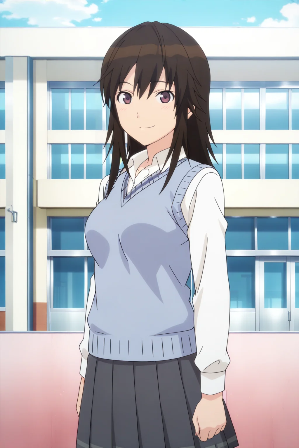 anime screenshot, miyamae tooru, 1girl, solo, black hair, long hair, brown eyes, medium breasts, kibito high school uniform, white shirt, collared shirt, long sleeves, blue sweater vest, grey skirt, pleated skirt, looking at viewer, smile, cowboy shot, outdoors, school, masterpiece, best quality, high quality, highres, absurdres, <lora:miyamae_tooru_ILXL:0.9>