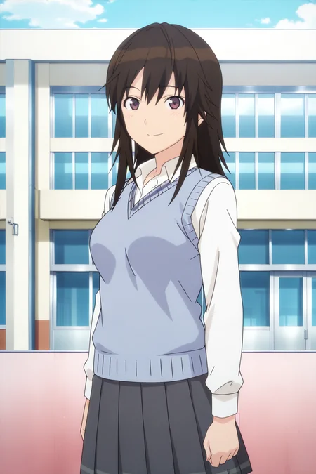 anime screenshot, miyamae tooru, 1girl, solo, black hair, long hair, brown eyes, medium breasts, kibito high school uniform, white shirt, collared shirt, long sleeves, blue sweater vest, grey skirt, pleated skirt, looking at viewer, smile, cowboy shot, outdoors, school, masterpiece, best quality, high quality, highres, absurdres, <lora:miyamae_tooru_ILXL:0.9>