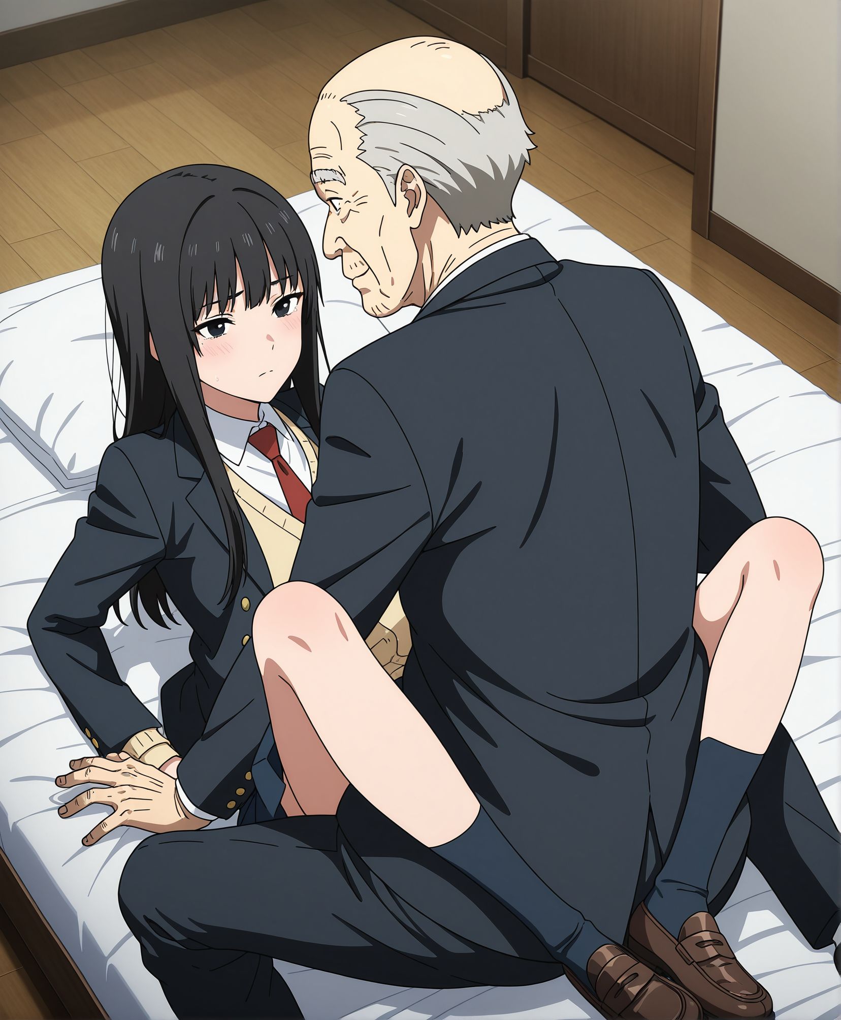 masterpiece,best quality,amazing quality,very aesthetic,absurdres,newest, huge filesize,
<lora:spo_sdxl_10ep_4k-data_lora_webui:0.5>,
<lora:add-detail-xl:1> anime screenshot, anime coloring, official art,   
1girl,  1man  ,  sex,   missionary,  huge penis, leglock,
undressing, 
BREAK
<lora:Inuyashiki:0.8> Inuyashiki_v1,  
black hair,
skirt,school uniform,
socks, 
shoes,jacket,
blazer,
black eyes,i_mari,
BREAK
i_ichirou,
necktie, 
old man,
formal,
grey hair,suit,
shoes,
shirt,i_ichirou,