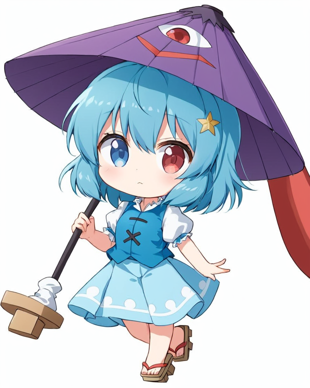 tatara kogasa,1girl, heterochromia, solo, karakasa_obake, purple_umbrella, simple_background, blue_vest, white_background, blue_skirt, chibi, short_sleeves, looking_at_viewer, pout, holding_umbrella, puffy_sleeves, geta, white_shirt
<lora:tatara_kogasa_image6022_2023-12-20-000007:1>,star-shaped_pupils,symbol-shaped_pupils,. gorgeous,key visual, vibrant, studio anime,award-winning, professional, highly detailed,high budget, cinemascope
