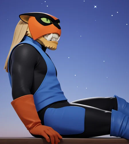 score_9, score_8_up, score_7_up, high res:1.5, digital media (artwork), 3d (artwork), blender (artwork), solo focus, br4k, felid, alien, fangs, tusks, sharp teeth, wrestling mask, bodysuit, orange gloves, blue boots, tail, green sclera, black pupils, slit pupils, anthro, male, side view, bench, reclining, stargazing, looking up, night:1.3, starry sky, night sky, <lora:Brak_-_Space_Ghost:0.7>