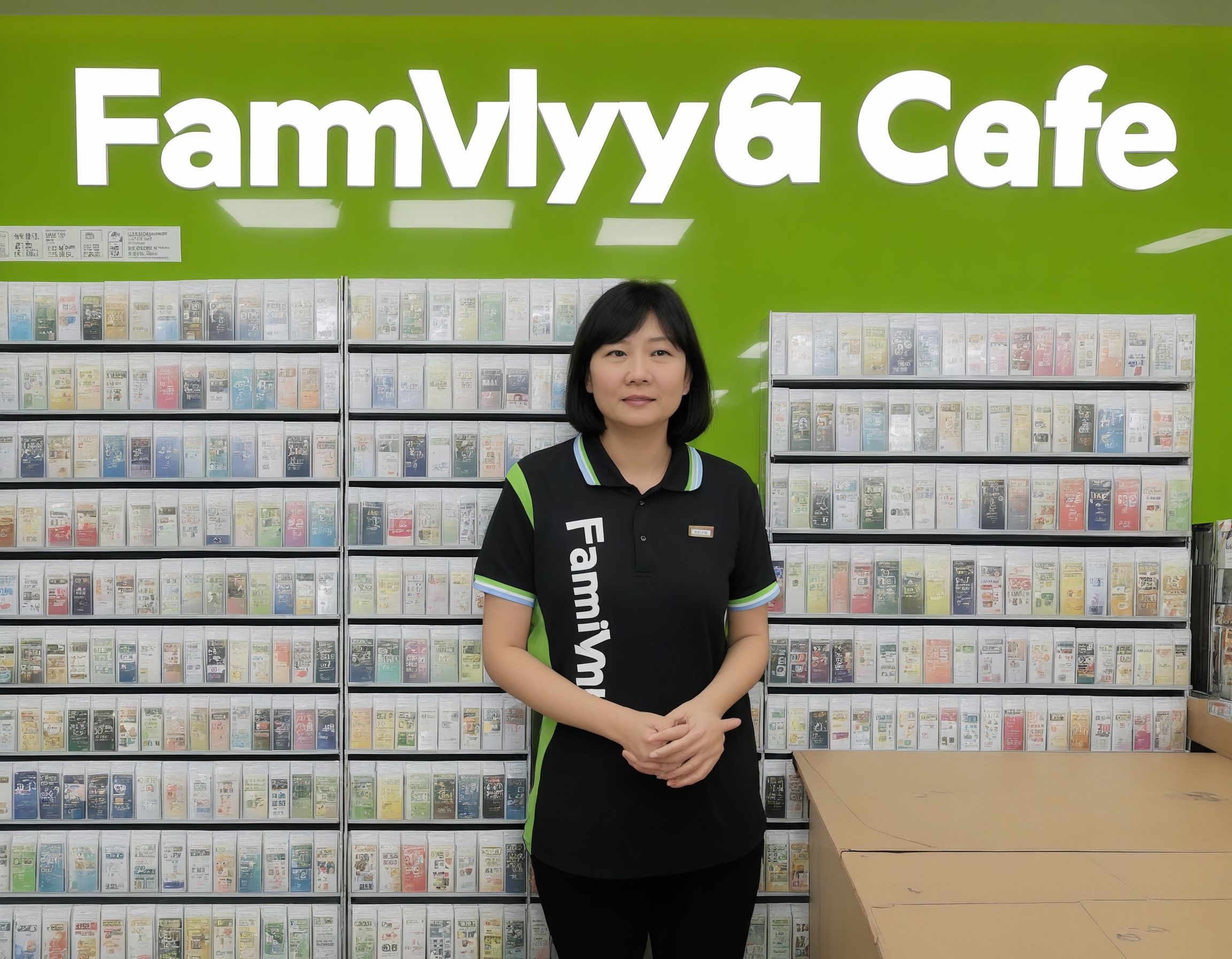 Asian,Family Mart,A realistic scene featuring a 18 year a old  solo  girl with short black hair, standing in a convenience store. She's dressed in a polo shirt uniform and long pants, adorned with a collar, reflecting her role as a store employee. Her face is slightly blushing, possibly from interacting with customers or the busyness of her workday. The convenience store setting should be detailed with shelves stocked with various products, bright lighting, and a welcoming ambiance. The scene should be captured with the clarity and detail of a high-resolution photograph, emphasizing her pose, the texture of her clothing, including the collar, and the environment of the convenience store, <lora:fm2:0.8>