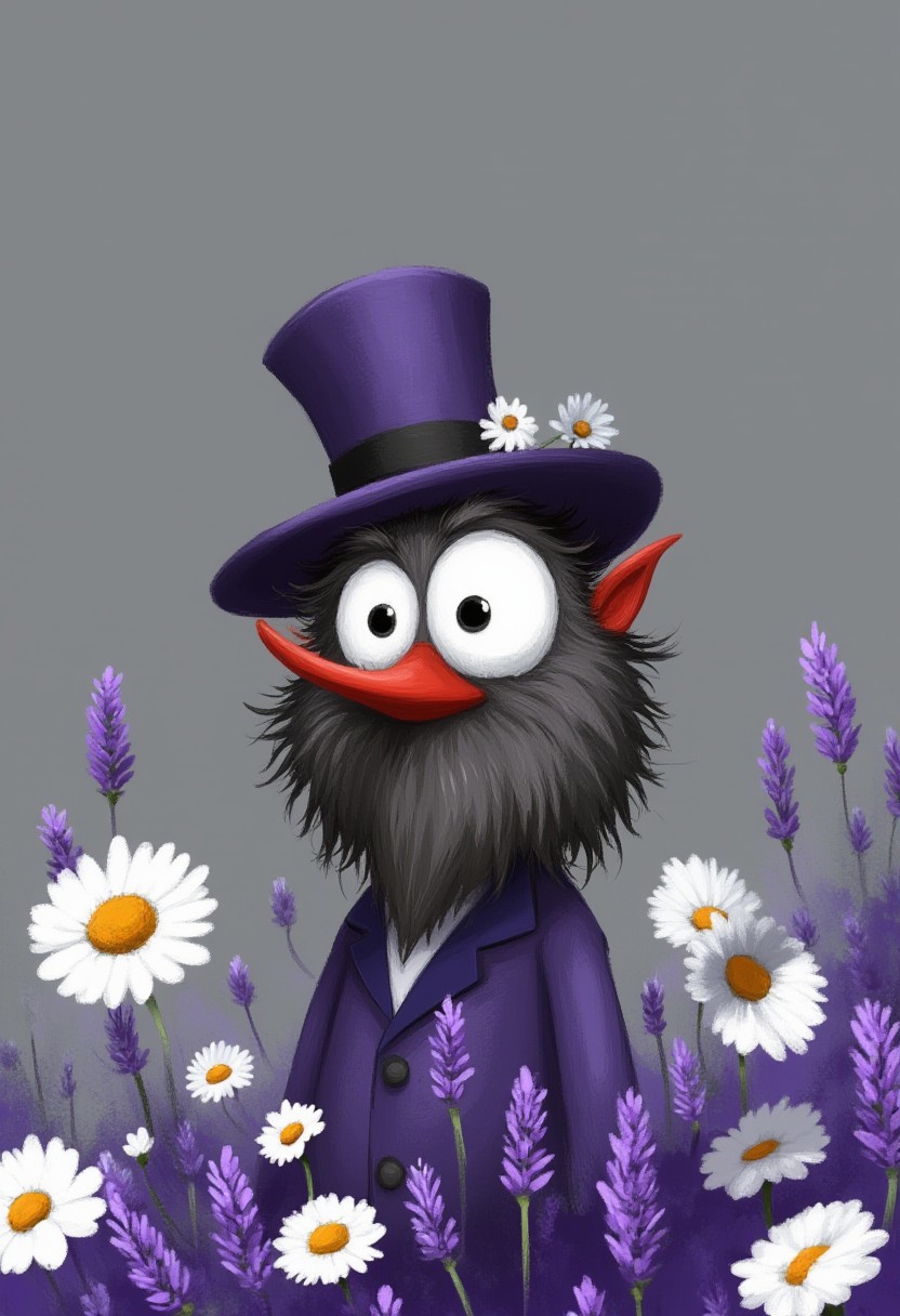 A whimsical illustration of a bearded bird in dark whimsical art style, wearing top hat and purple suit, standing among lavender and daisies, digital painting with detailed brushstrokes, grey background, characteristic Tim Burton inspired design with big eyes and red nose