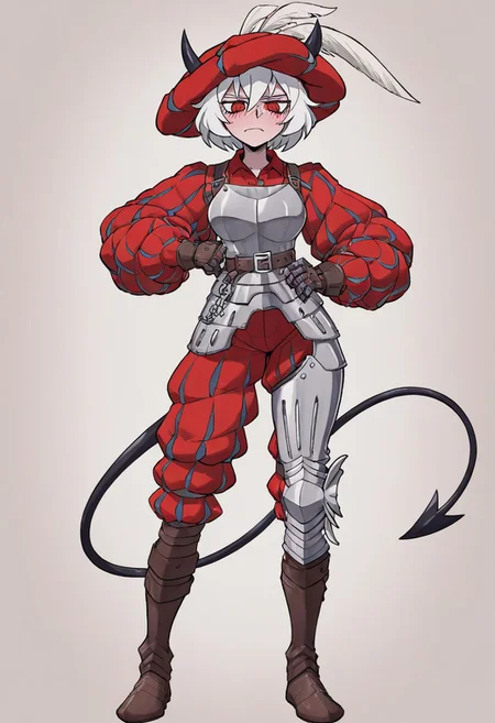 masterpiece, best quality, newest, absurdres, highres, anime, anime style,
LKAV1.0, landsknecht, armor, belt, breastplate, chaperon hat, faulds, asymmetrical legwear, asymmetrical armor, puffy sleeves, puffy pants,
1girl, malina \(helltaker\), demon girl, short hair, white hair, horns, demon tail,