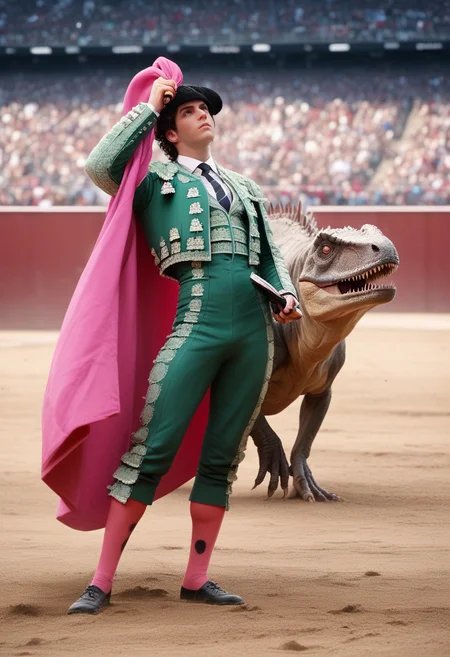 score_9, score_8_up, score_7_up, tr4j3, 1boy, arched back, twirling capote, pink capote, holding espada, espada, montera,  green fabric, silver stitching, bulge, fighting dinosaur, spectators,  <lora:traje_PNY_v2_r1:1>